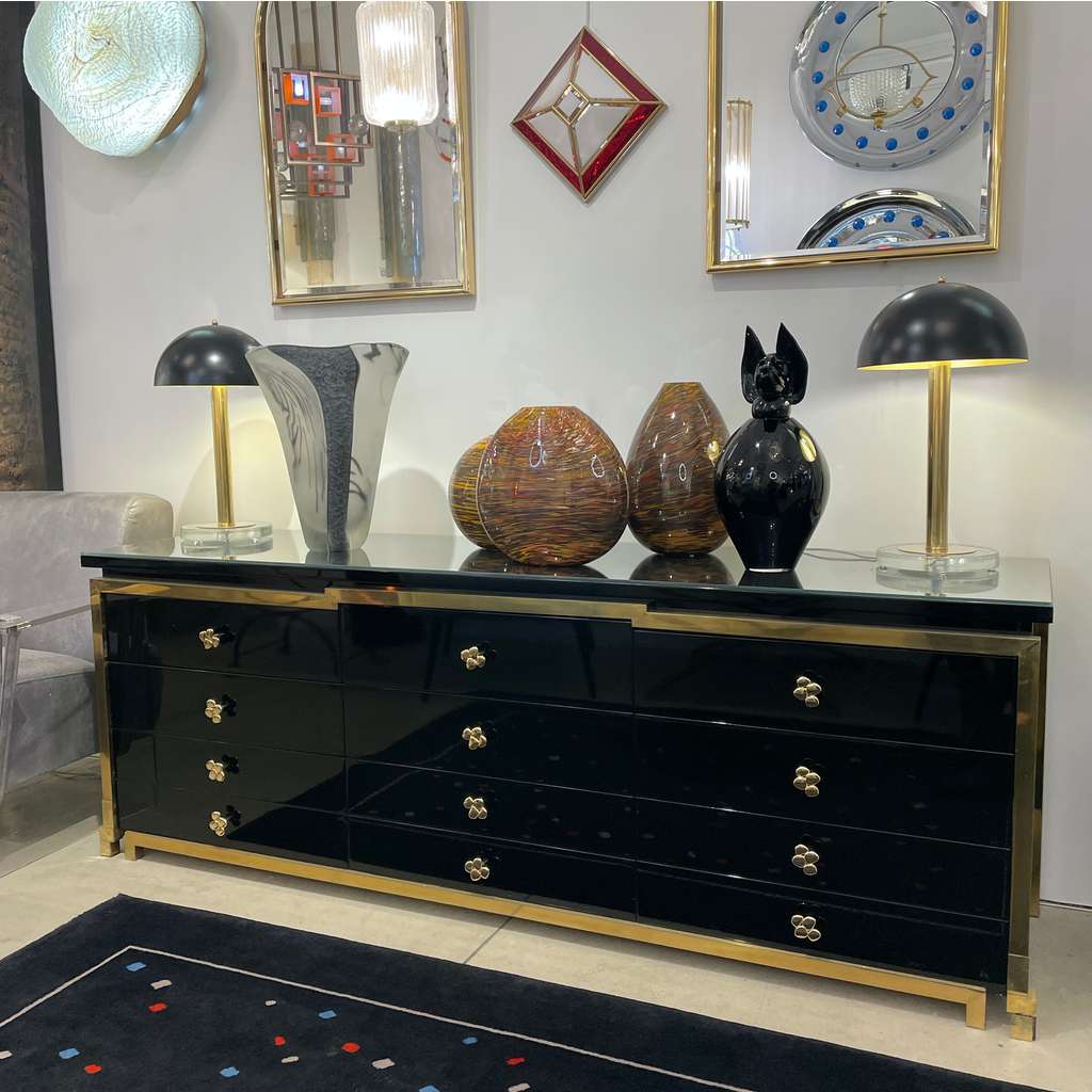 Italian Modern Pair of Art Deco Design Black and Gold Lacquer Brass Dome Lamps