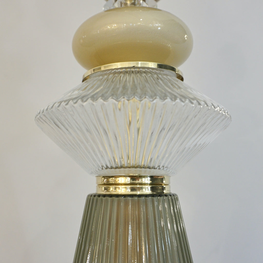 Custom Italian Crystal Gold and Gray Green Murano Glass Pendant Light