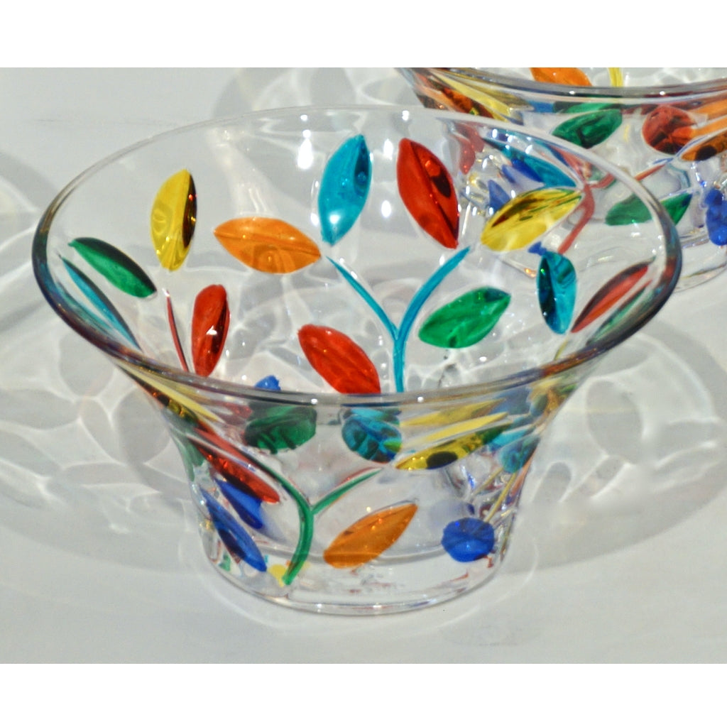 Colleoni Modern Set of 6 Crystal Murano Glass Cups / Bowls with Colorful Leaves