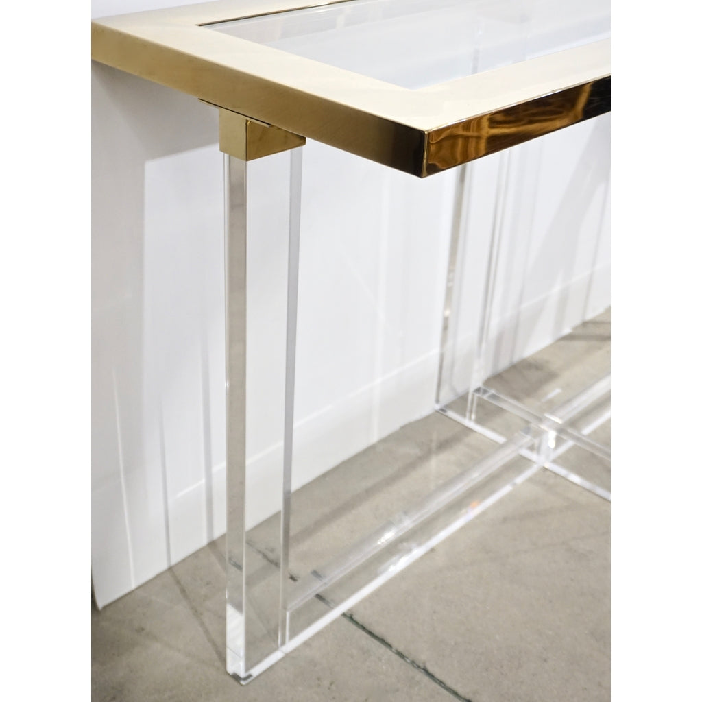 Contemporary Bespoke Modern Geometric Design Clear Lucite and Gold Steel Console