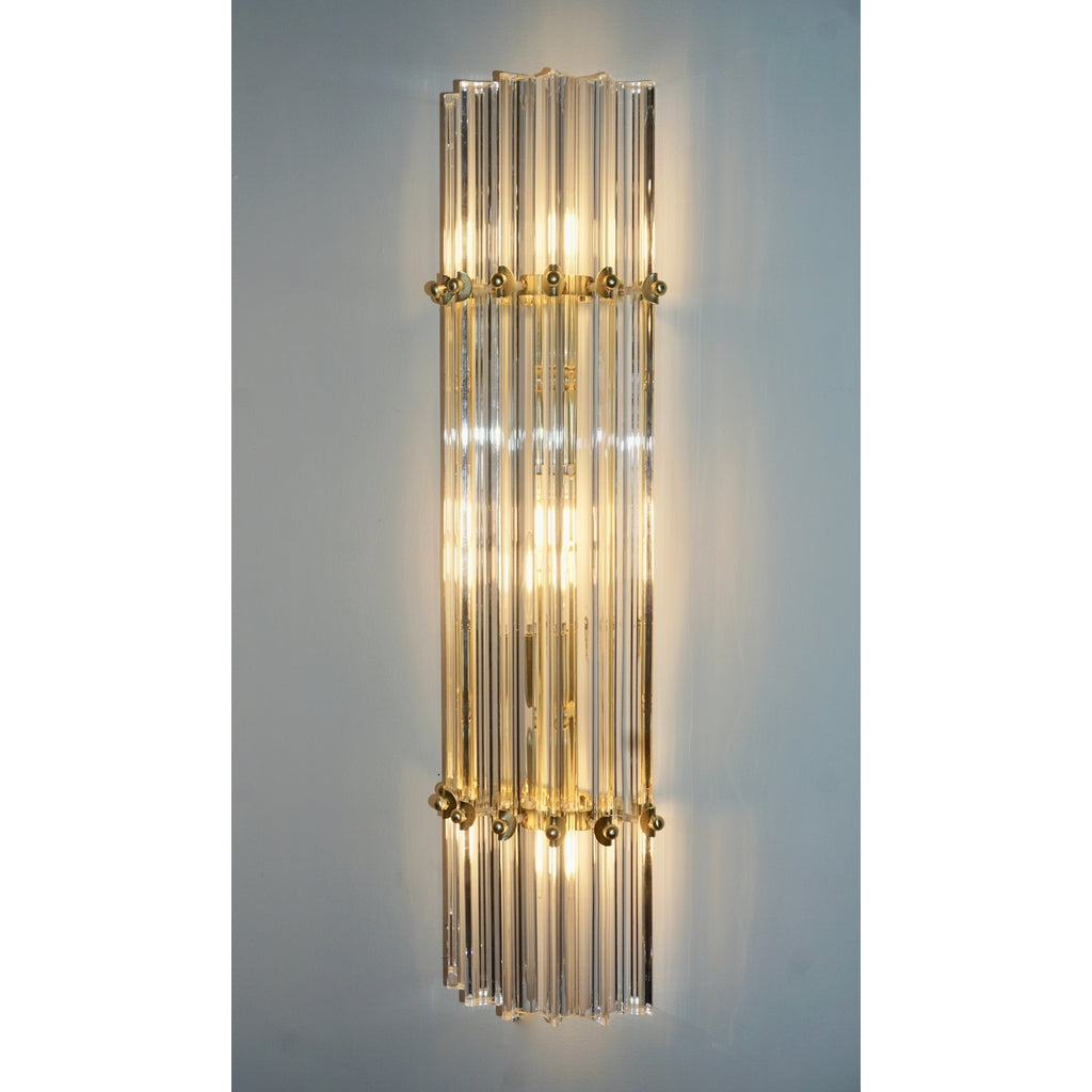 Italian Contemporary Minimalist Pair of Satin Brass Crystal Murano Glass Sconces