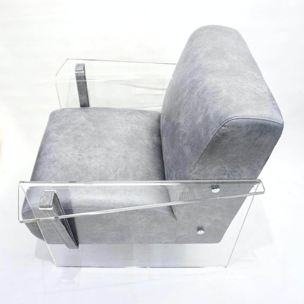 Bespoke Modernist Lucite Acrylic Lounge Armchair in Motley Gray Faux Leather