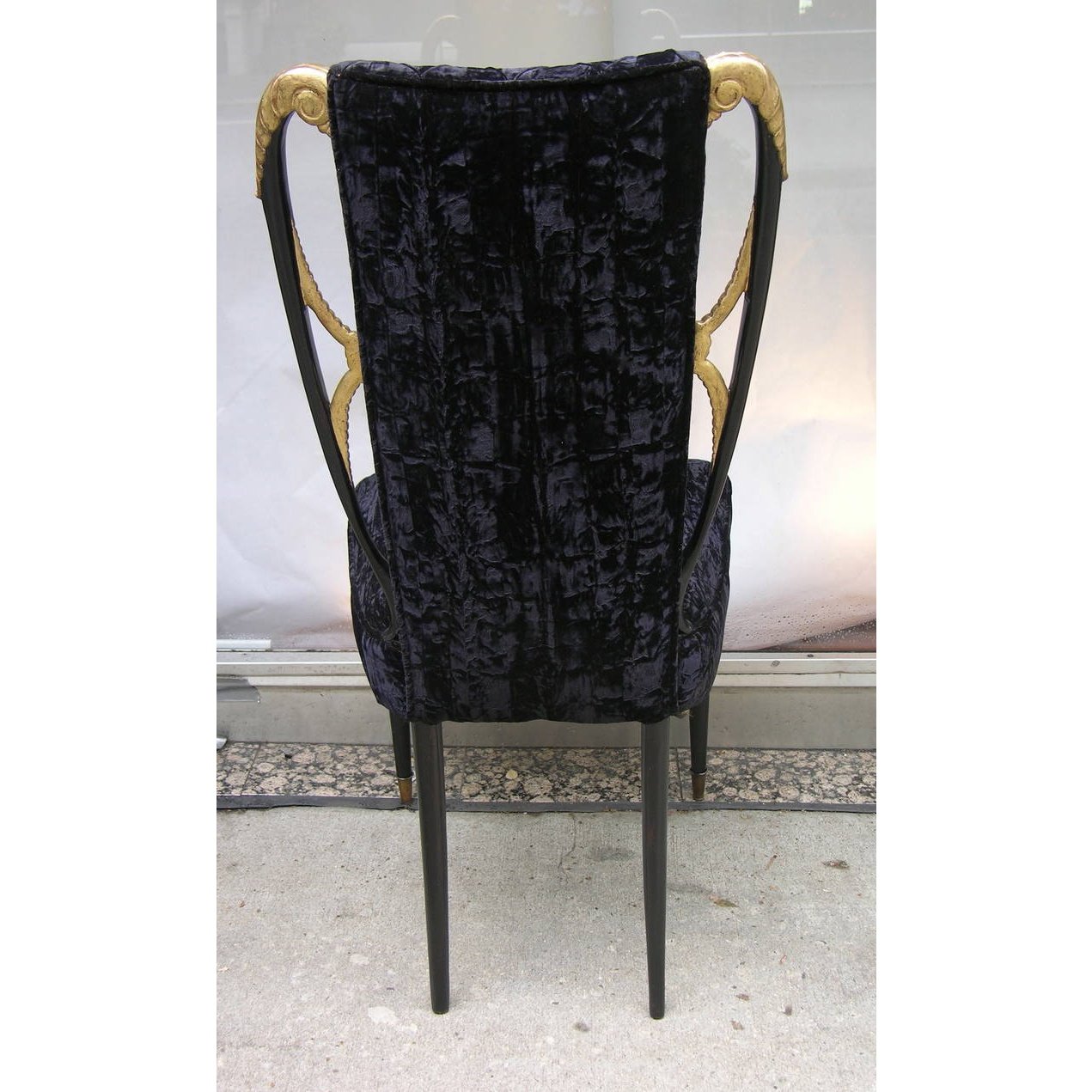 1940s Italian Late Art Deco Pair Gilded Black Lacquered Chairs in Black Velvet