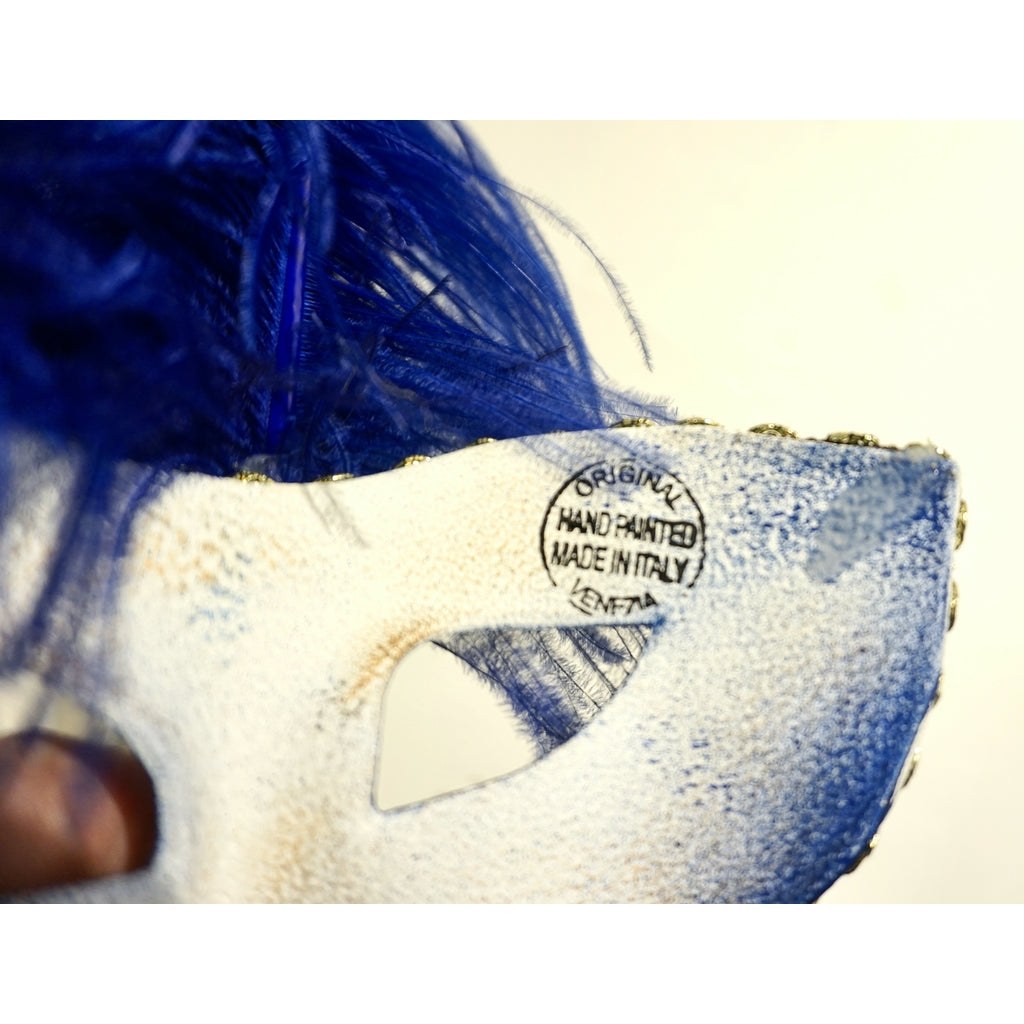 Italian Modern Venetian Handmade Blue and Gold Carnival Mask with Feathers