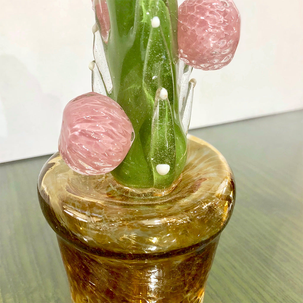 2000s Italian Green Murano Art Glass Cactus Plant with Pink Flowers in Amber Pot