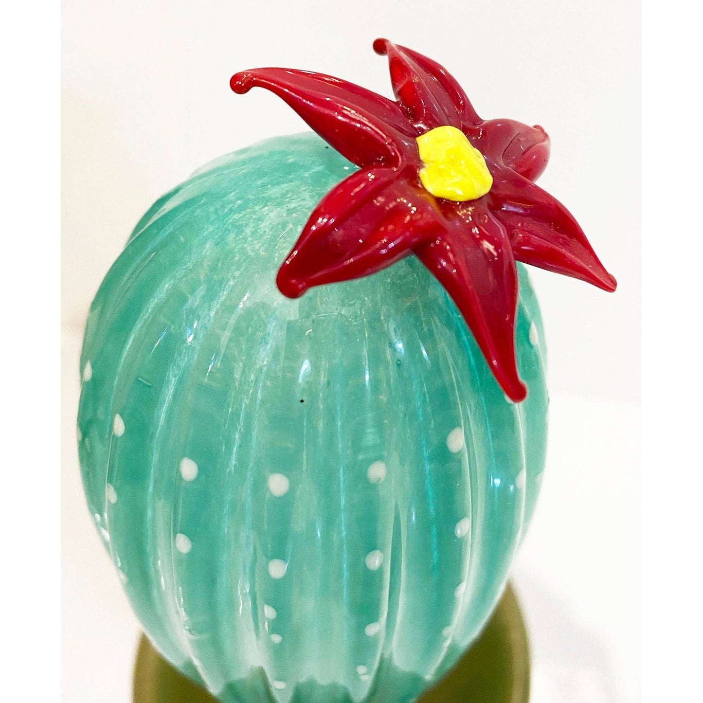 2000s Italian Green Gold Murano Art Glass Cactus Plant with Red Yellow Flower