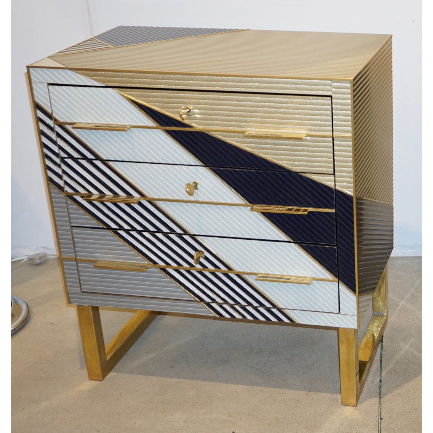 Italian Postmodern Navy Blue Cream Gold Gray Chest/Nightstand on Square Brass Legs
