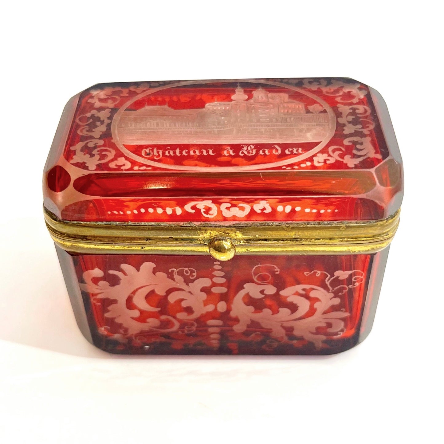 Antique Austrian Hinged Lid Ruby Red Bohemian Engraved Cut Crystal Trinket Box