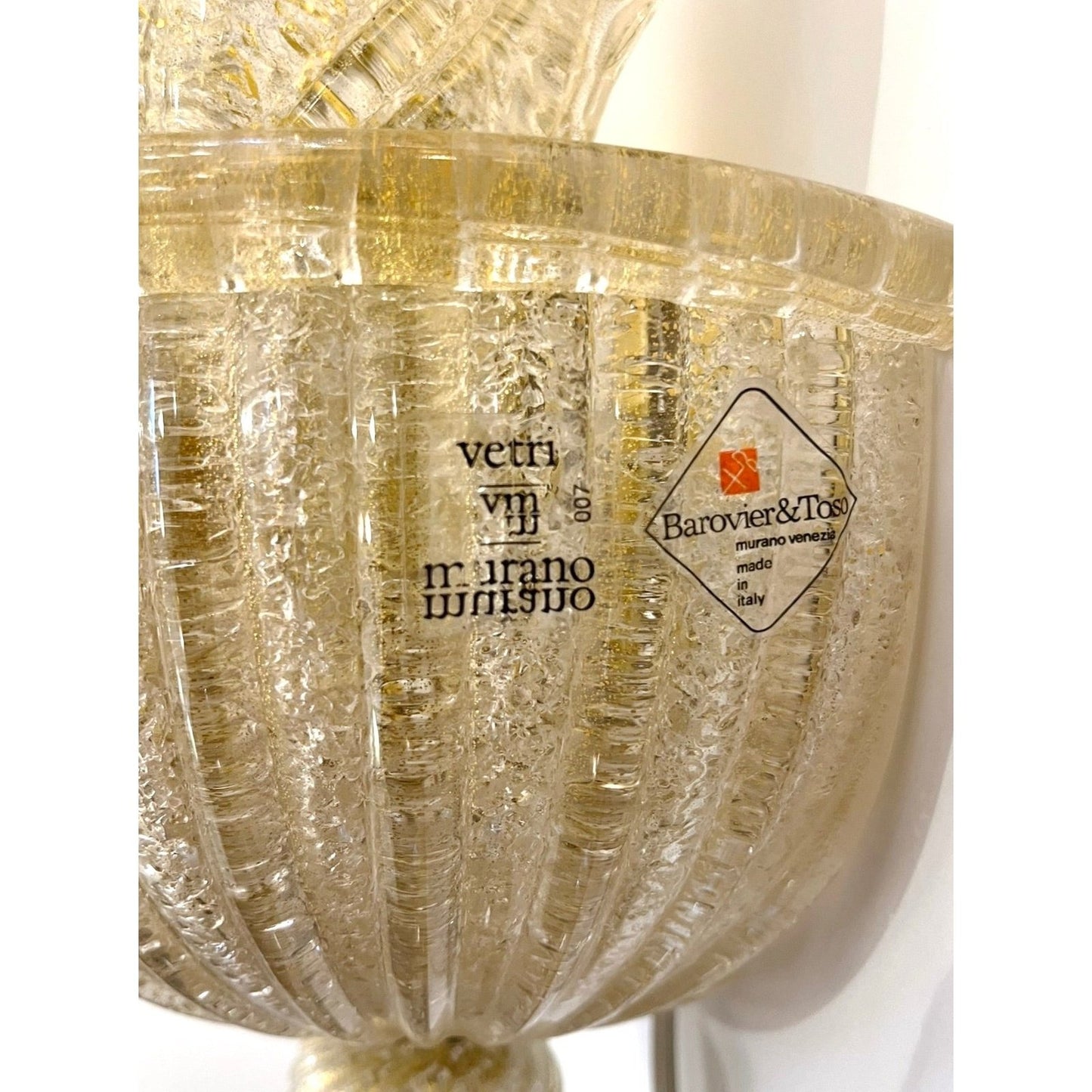 Vintage Italian Pair Signed Barovier-Toso Amber Crystal Murano Glass Wall Lights