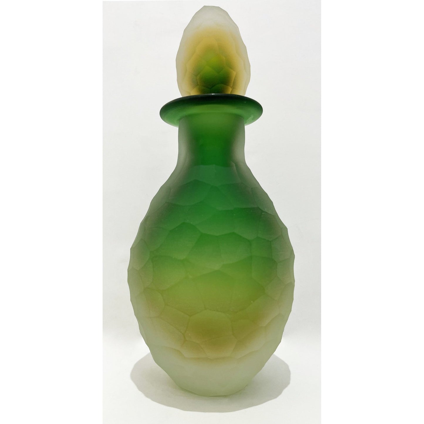 Early 1900s Antique Italian Crystal Green Yellow Layered Murano Glass Bottle