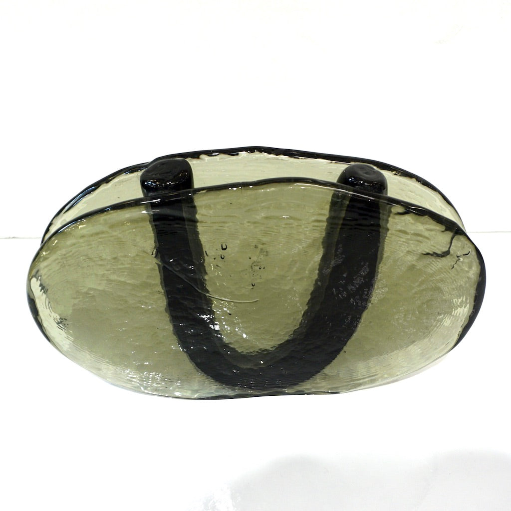 1970s Vintage Abstract Italian Smoked Green & Black Murano Glass Oval Flower Vase
