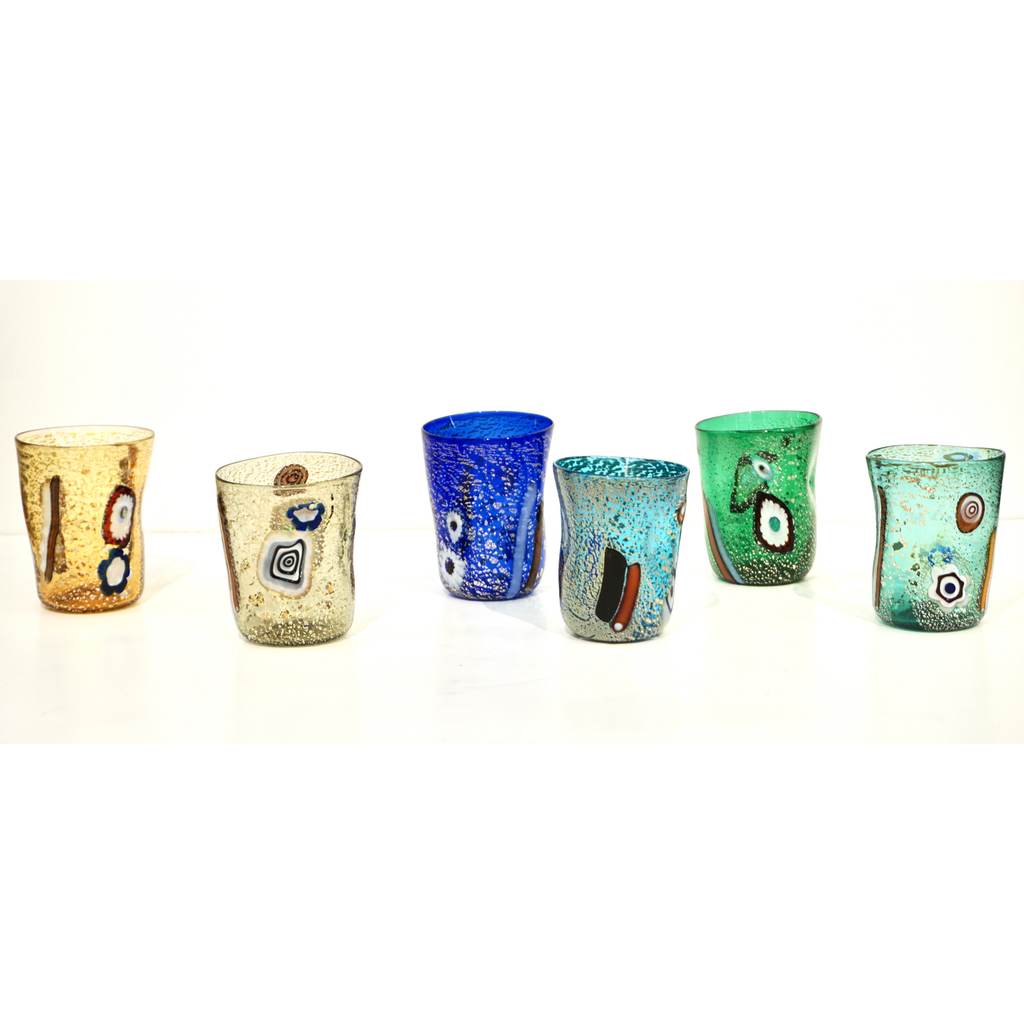 Modern Italian Multicolor Blown Murano Glass Set of 6 Drinking Tumblers Cups