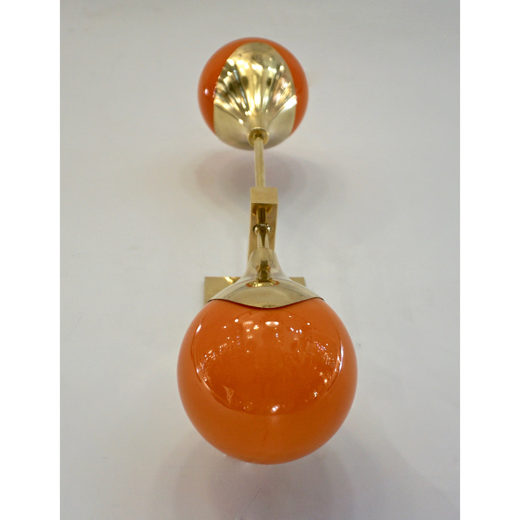 Contemporary Italian Pair of Two Globe White Orange Murano Glass Brass Sconces
