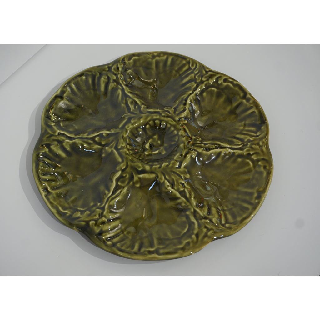 Gien 1950s French Set of 6 Green Majolica Oyster plates in Original Wood Box