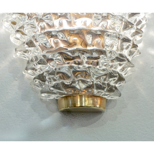 Contemporary Italian Brass & Crystal Rostrato Textured Murano Glass Sconces