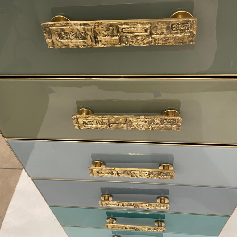 Bespoke Italian Art Deco Design Blue Taupe Gray Glass 7-Drawer Dresser Semainier