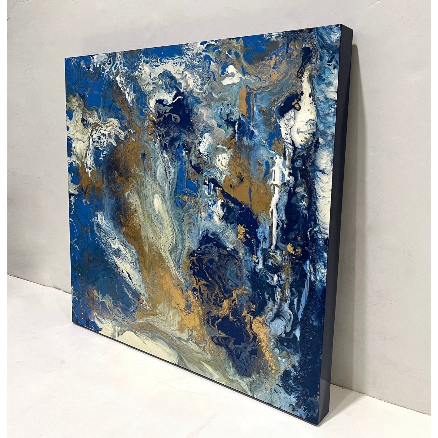 Contemporary Italian Modern Abstract Wall Art White Gold Royal Blue Oil Painting