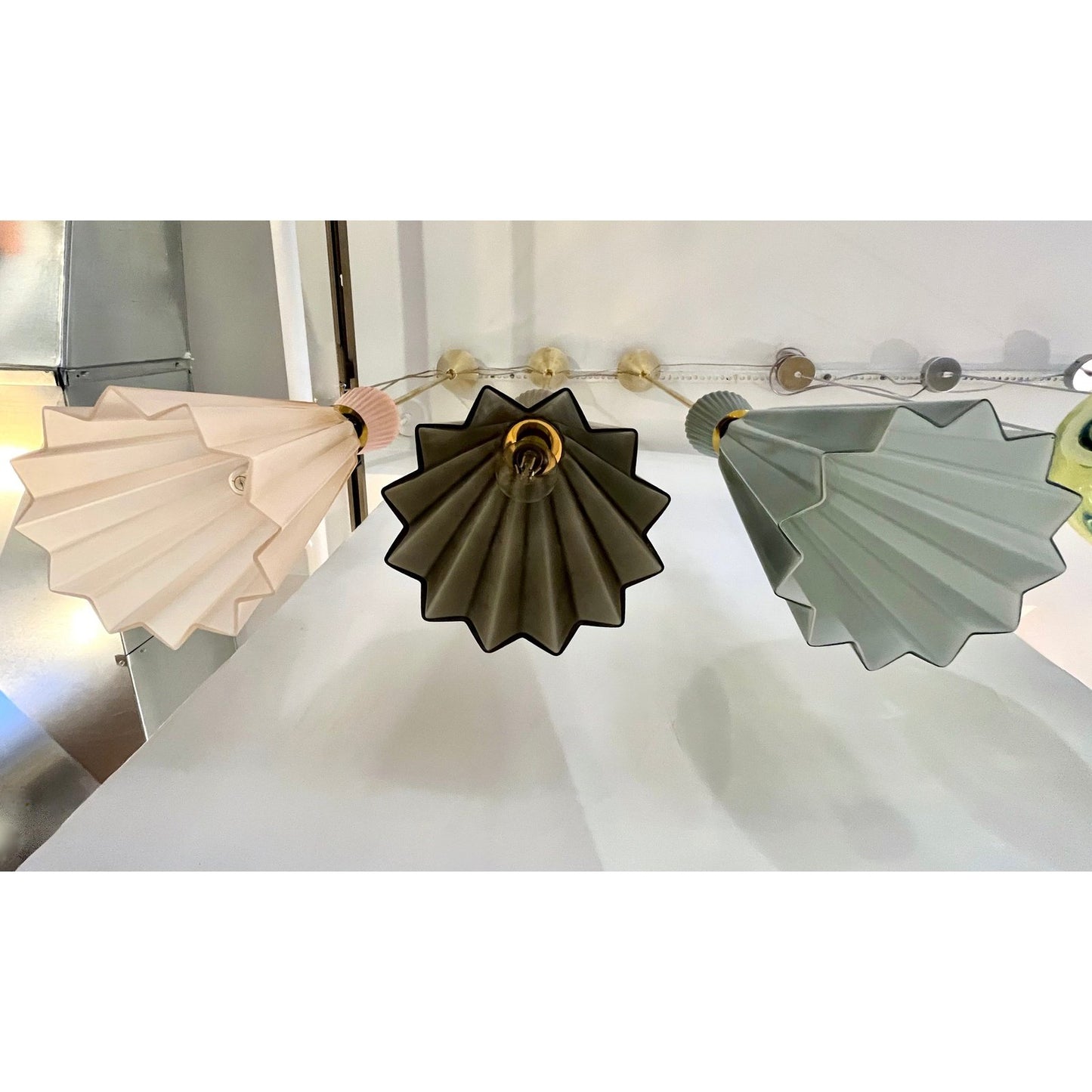 Italian Modern Set of 3 Smoked Gray, Pink, Aqua Blue Murano Glass Star Pendants
