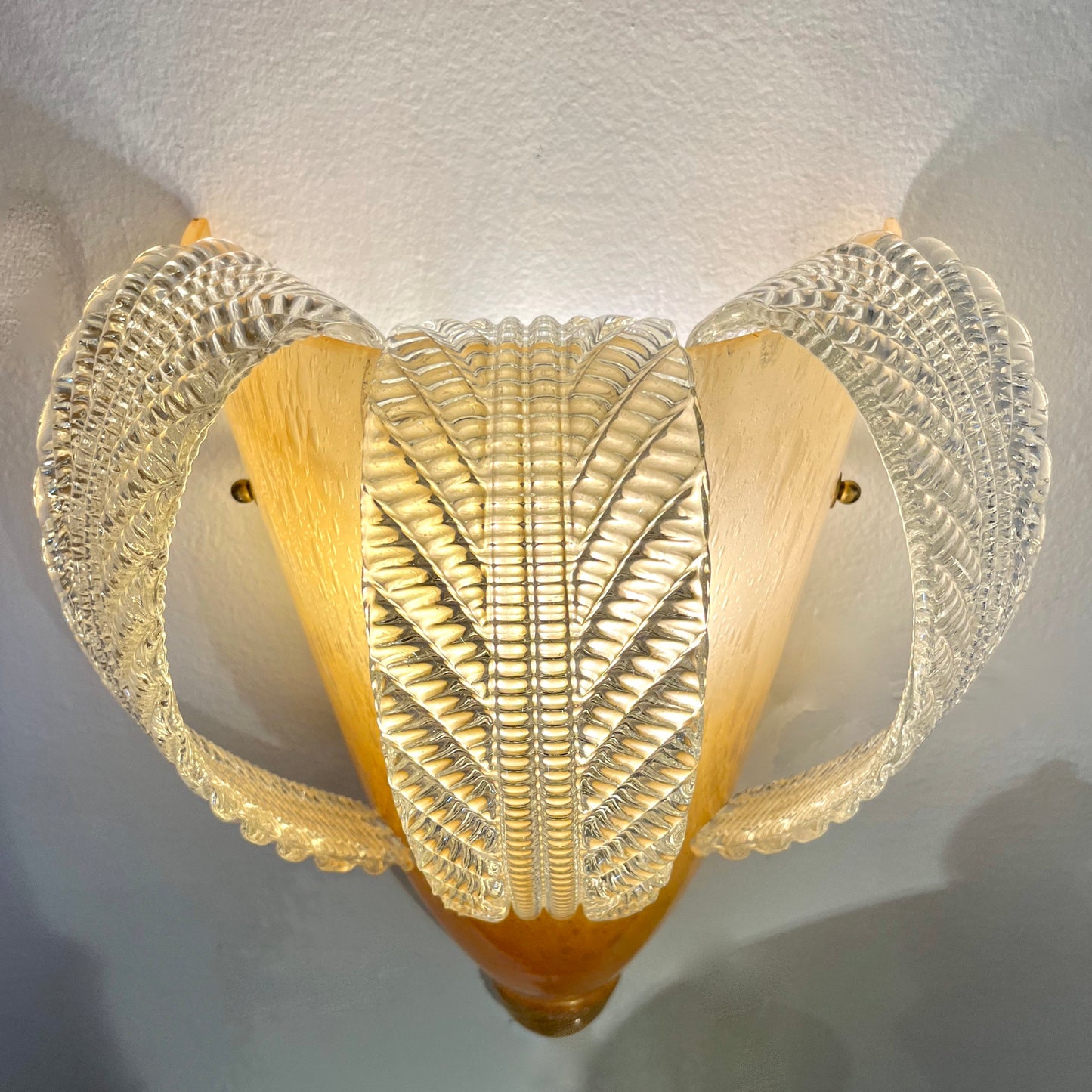 Italian Vintage Pair of Sconces in Amber Gold Glass with Hanging Crystal Leaves