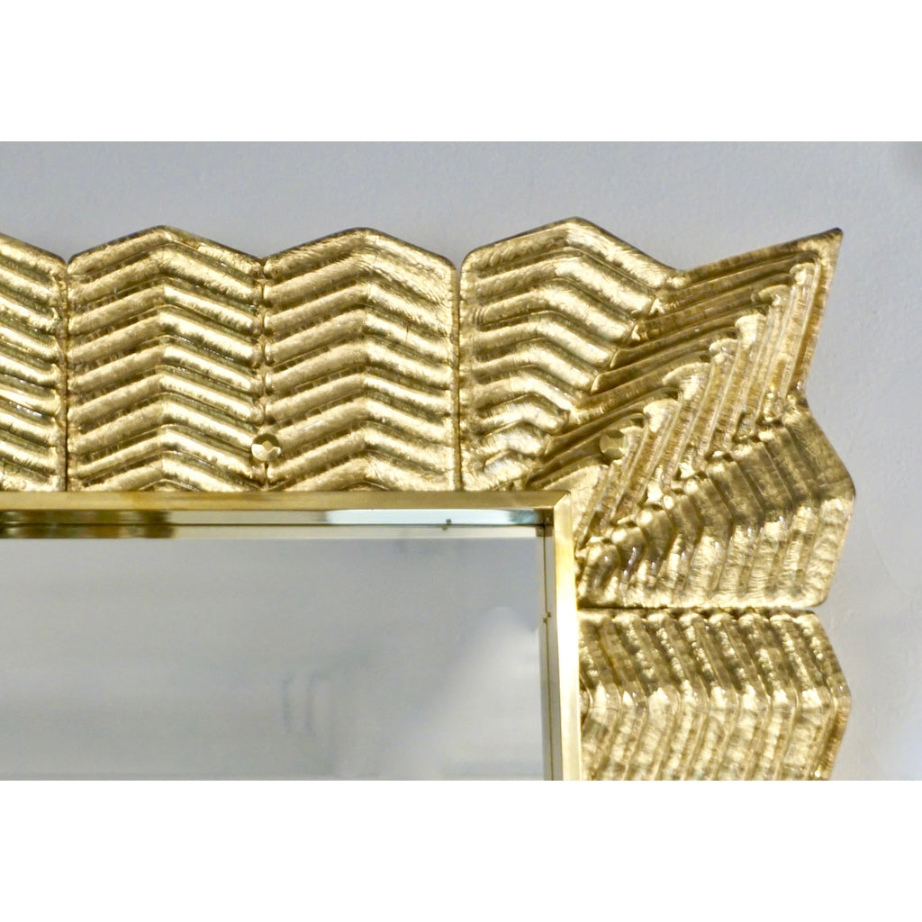 Bespoke Italian Art Deco Design Ruffled Gold Murano Glass Brass Mirror
