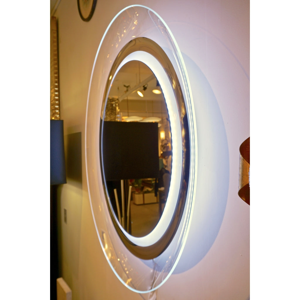 Contemporary Italian Minimalist Curved Silver & Frosted Glass Round Lit Wall Mirror
