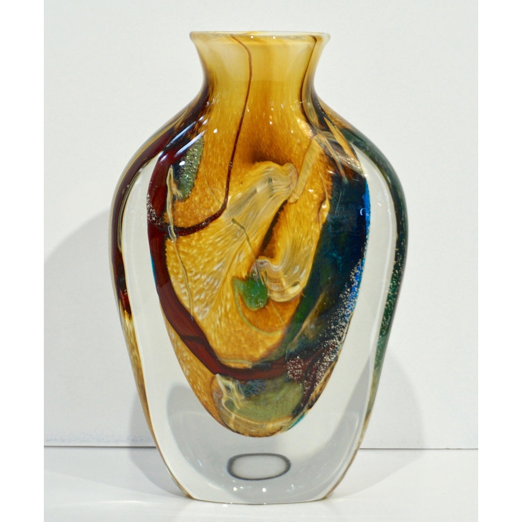 Michele Onesto 1990s Green Yellow Blue Silver Overlaid Crystal Murano Glass Vase