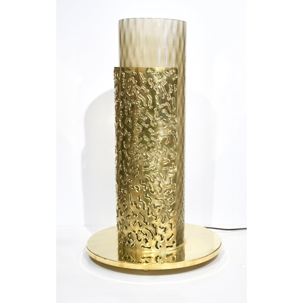 1980 Italian Brutalist Pair of Cream Beige Murano Glass Round Brass Table Lamps