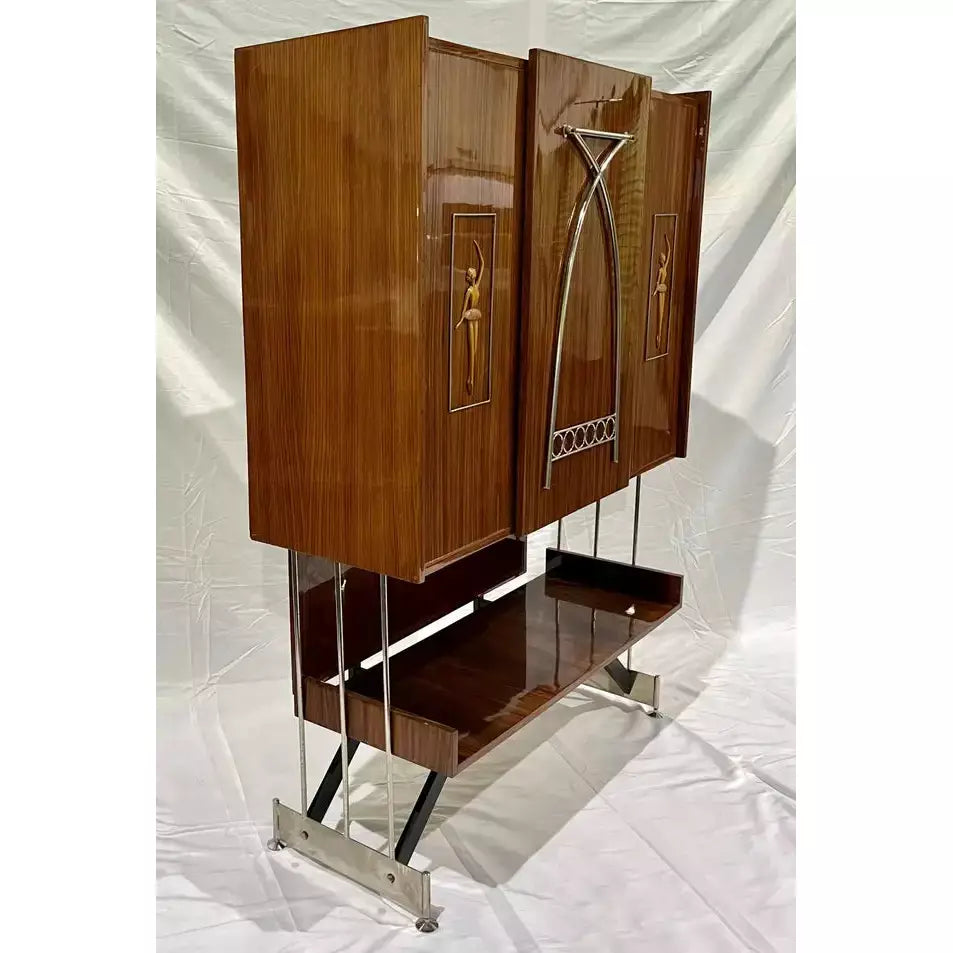 1960s Vittorio Dassi Italian Bar Cabinet with Drop Down Table and Pink Interior