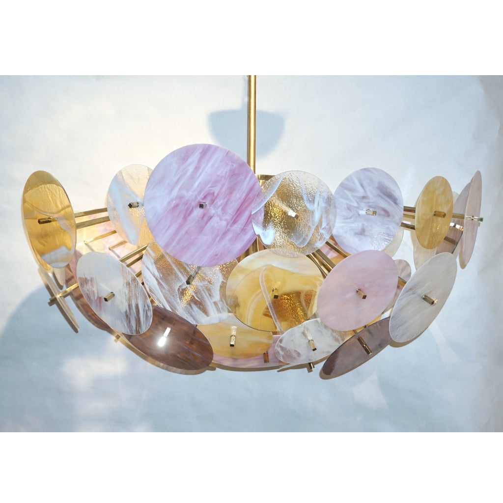 Contemporary Italian Yellow White Rose Pink Murano Glass Oval Sputnik Flushmount