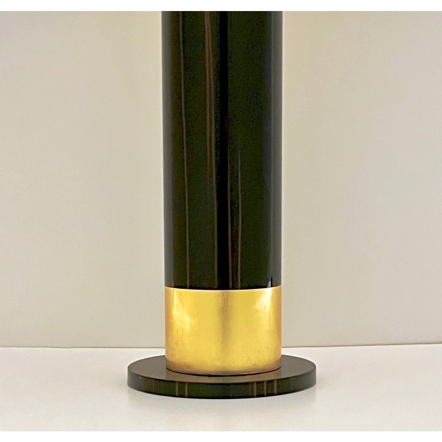 Spanish Art Deco Design Pair of Black Brown Veneer & Gold Leaf Cylindrical Lamps