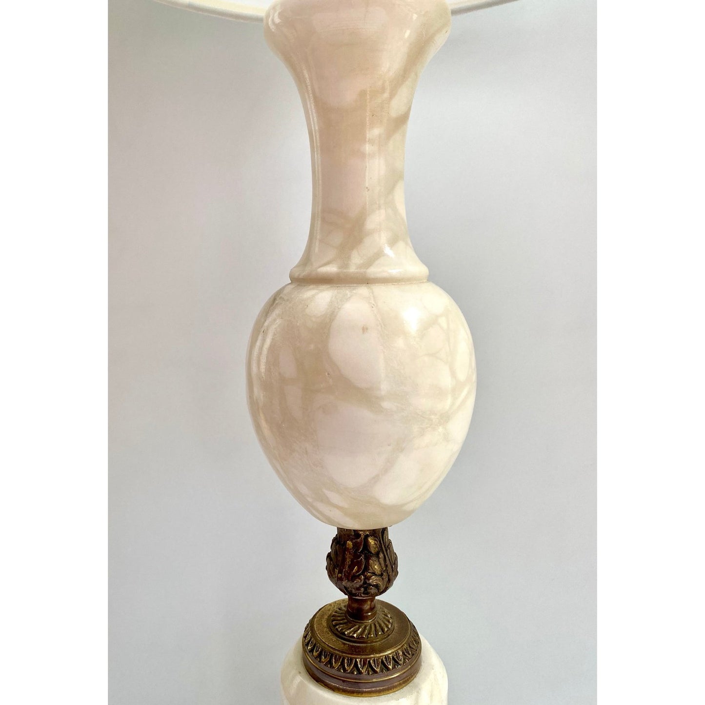 French Antique Art Deco Urn-Shape Chased Bronze White Marble Lamp & Linen Shade