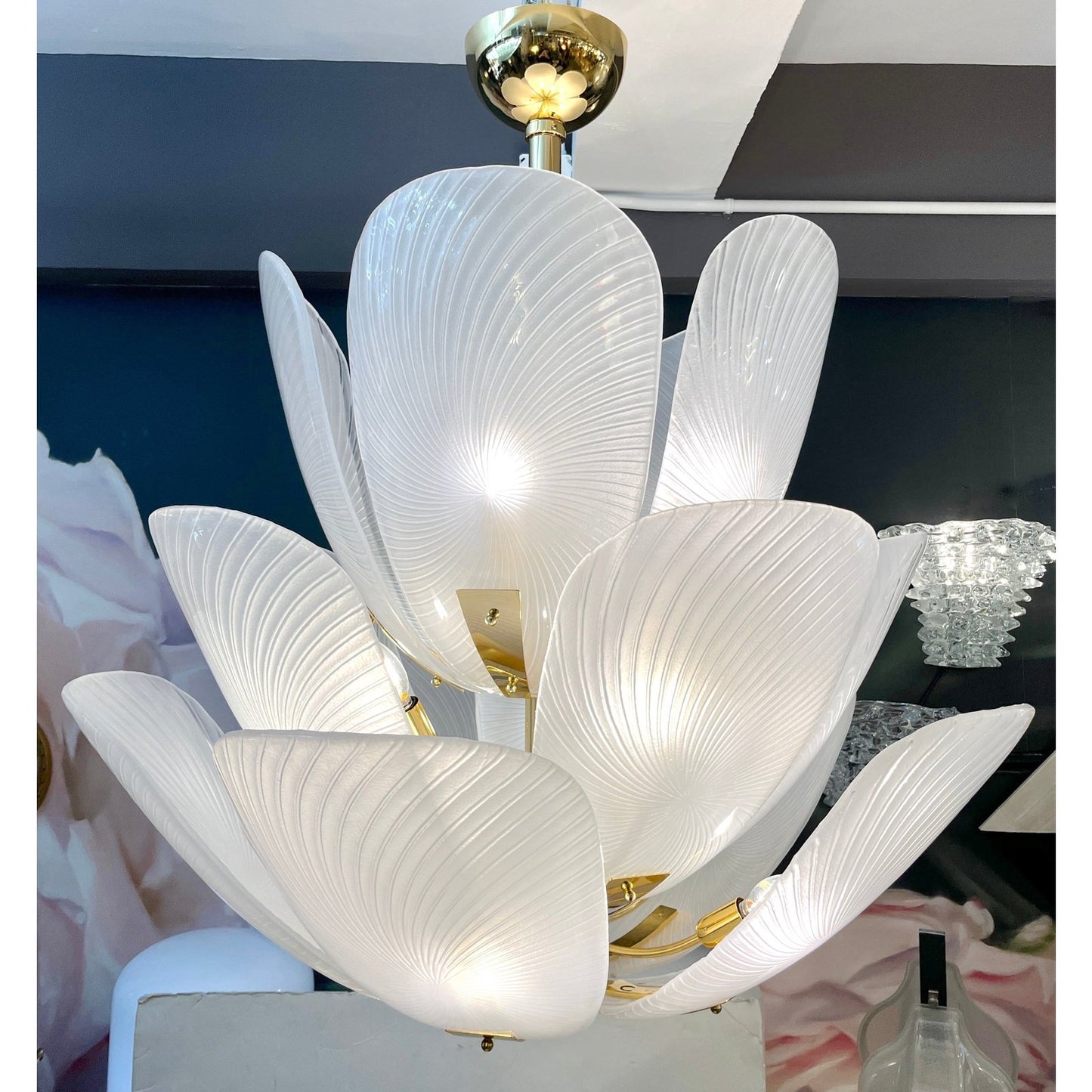 Bespoke Italian Art Nouveau Organic Design White Murano Glass Tulip Chandelier