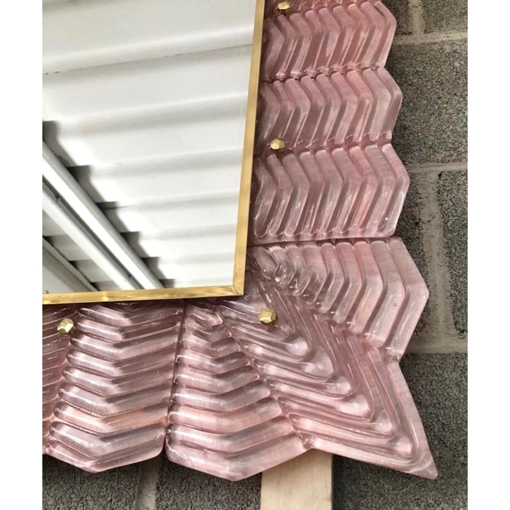 Bespoke Italian Art Deco Design Ruffled Silver Pink Murano Glass Brass Mirror
