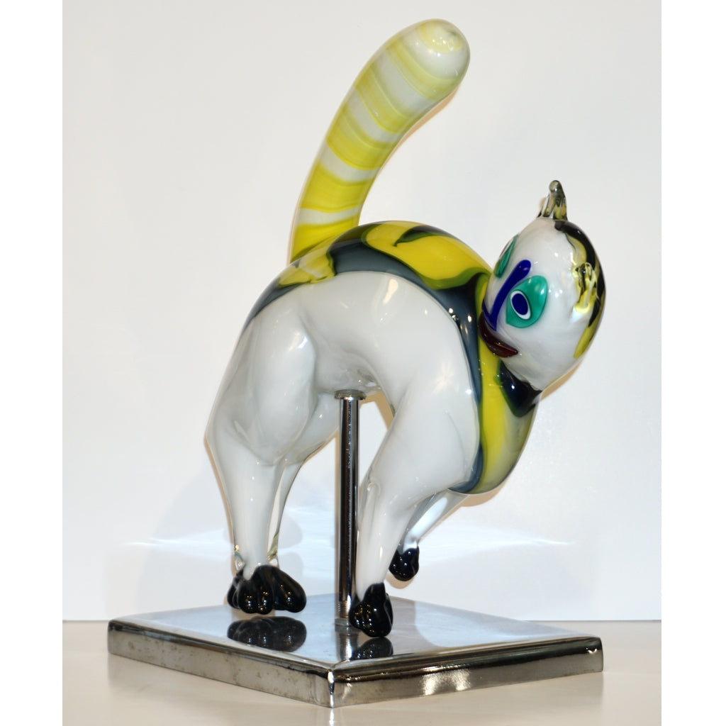 Alfredo Barbini Italian Modernist White Yellow Murano Art Glass Cat Sculpture