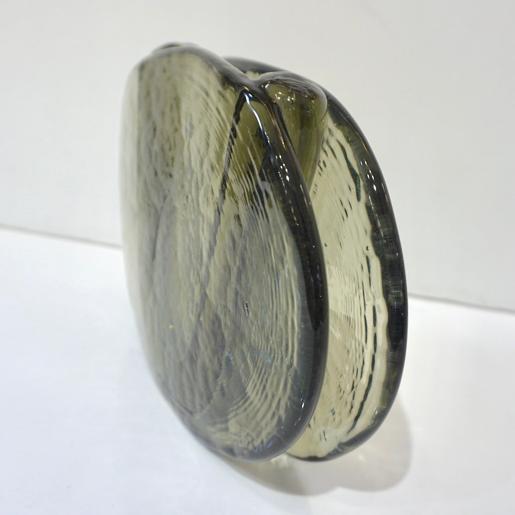 1970s Vintage Abstract Italian Smoked Green Murano Glass Oval Flower Vase