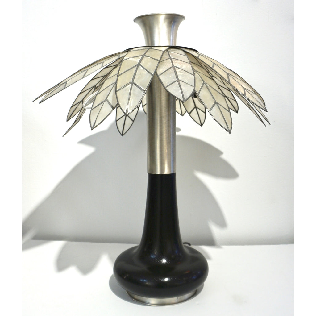 1975 Banci Italian Art Deco Pair of Mother of Pearl & Black Ebonized Palm Lamps
