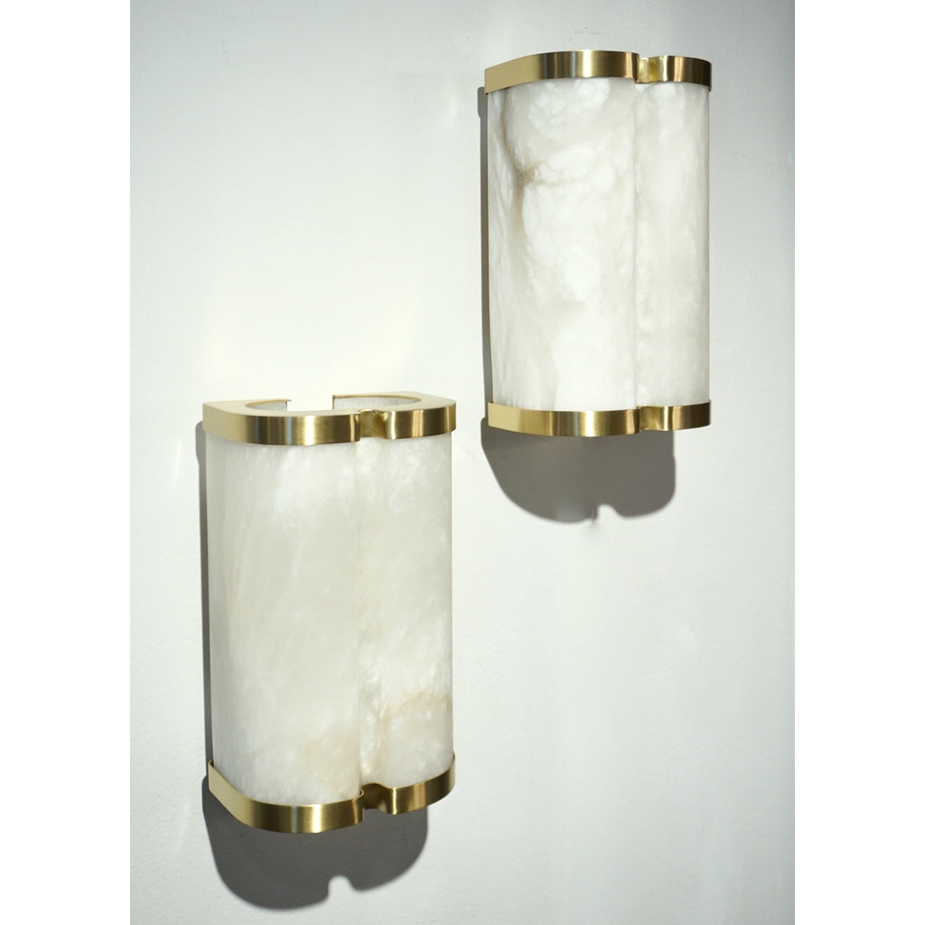 Bespoke Italian Art Deco Style Cream White Alabaster Pair of Brass Edged Sconces