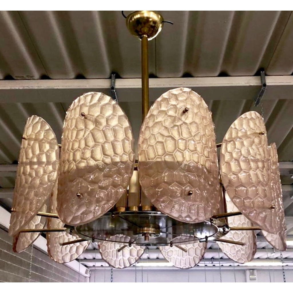 Bespoke Italian Crystal Rose Pink Murano Glass Brass Chandelier / Flushmount