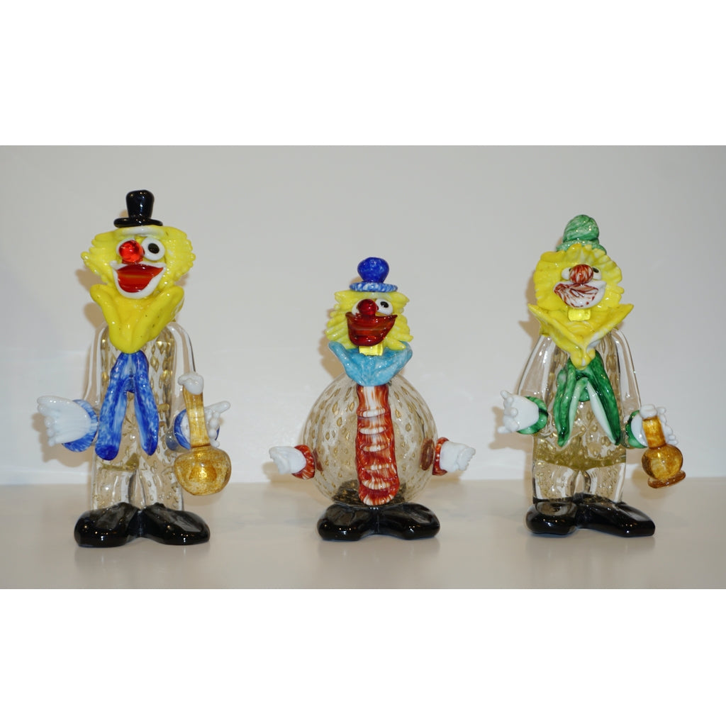 Modern Italian Yellow Black Murano Glass Clown Sculpture with Bottle & Green Tie