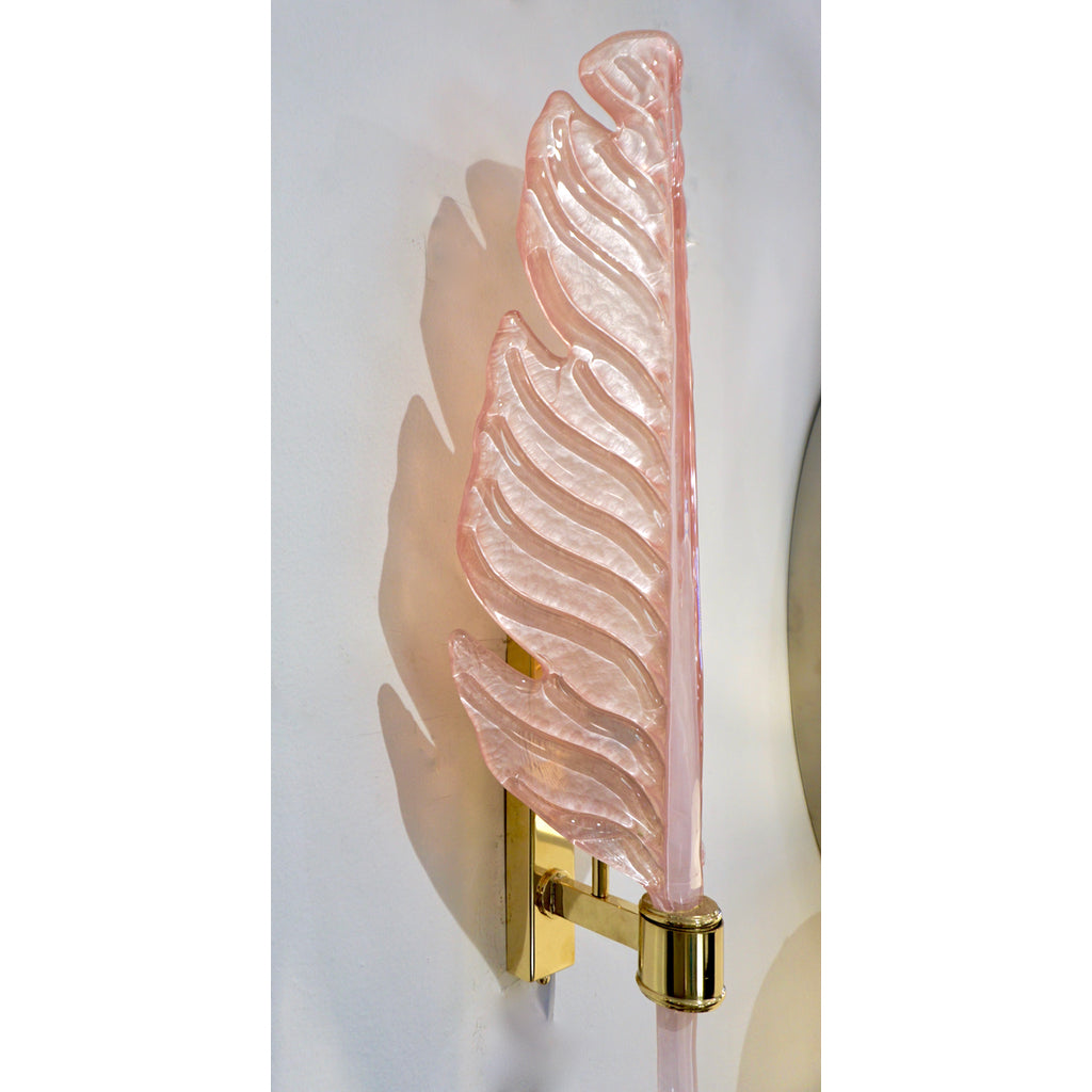 Contemporary Italian Art Deco Pink Murano Glass & Brass Feather Leaf Sconces