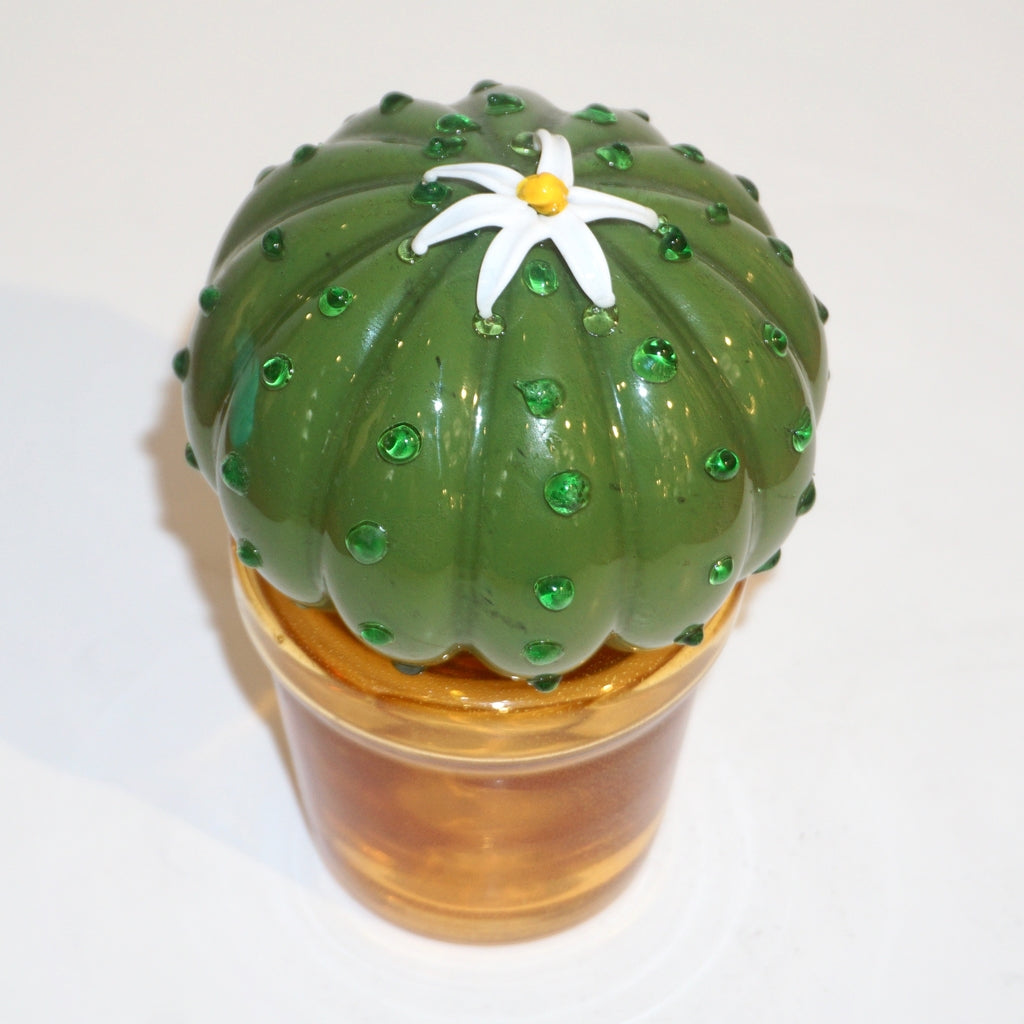 1990s Vintage Italian Green Murano Glass Small Cactus Plant with White Flower