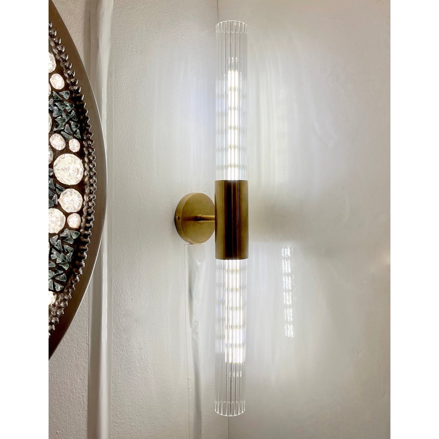 1980s Italian Art Deco Style Pair of Reeded Crystal Glass Brass Tubular Sconces