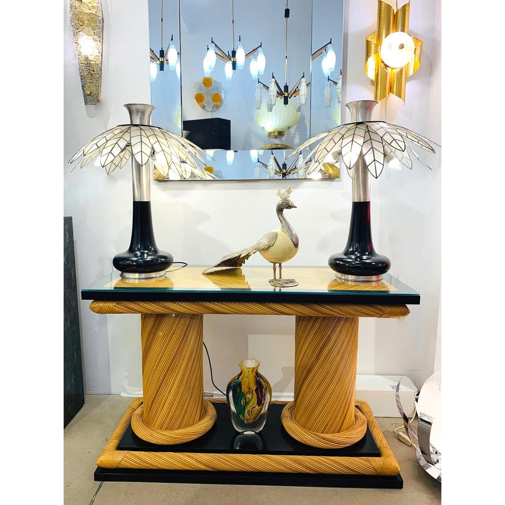 1970s Howard Dilday Organic Rattan Console Table with Black Lacquer Border