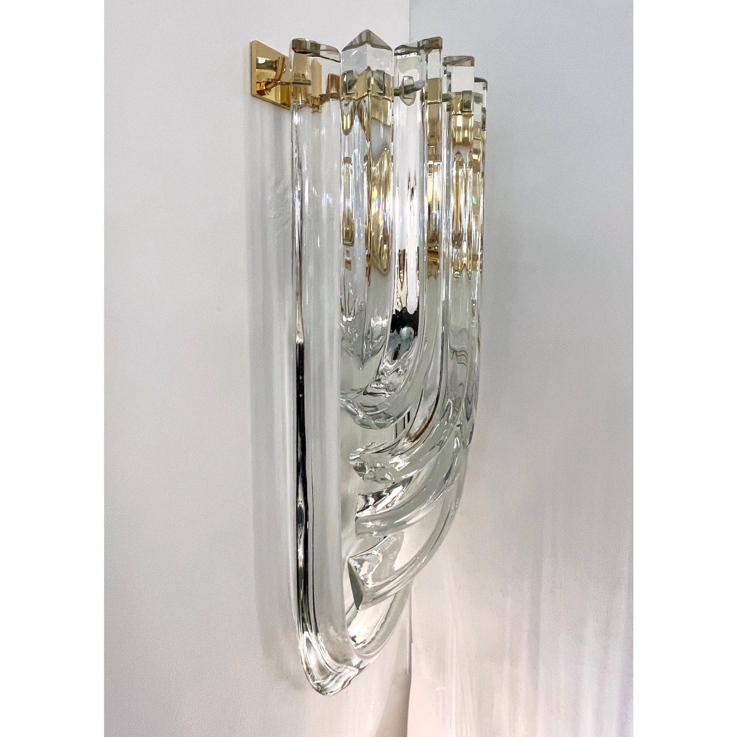 Italian Modern Pair of Translucent Crystal Murano Glass Brass Curved Sconces