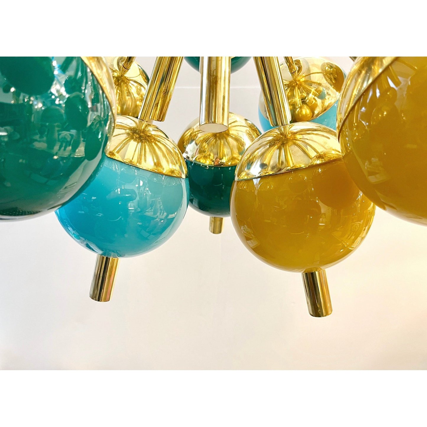 Custom Italian Green Turquoise Gold Murano Glass Brass Sputnik Globe Flush Mount