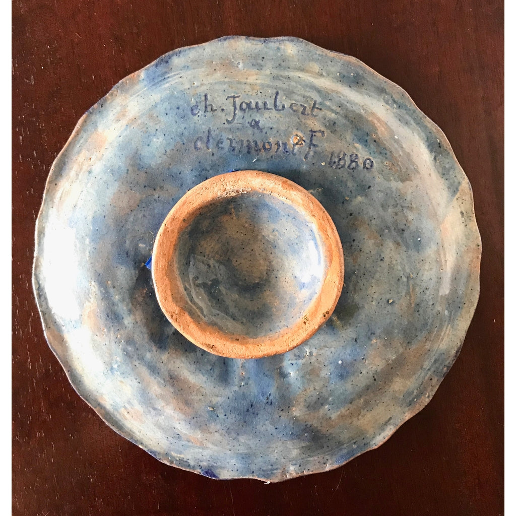 1880 French Country Pair of Navy Blue Edged Folk Art Majolica Decorative Plates