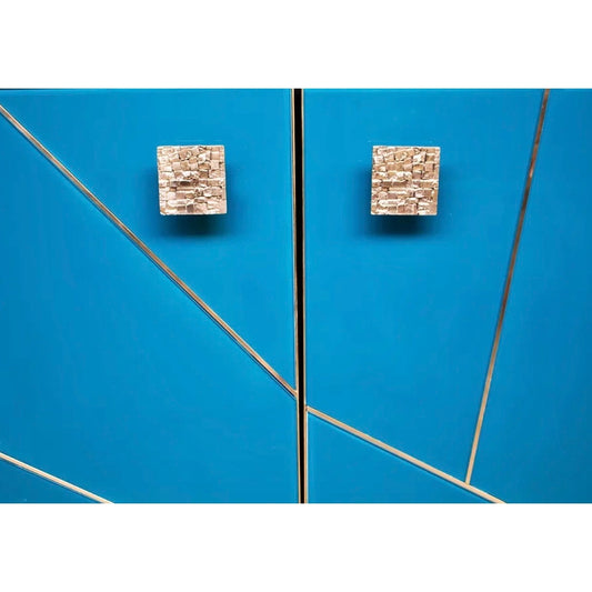 Bespoke Italian Abstract Branch Design 2-Door Turquoise Blue Glass Cabinet