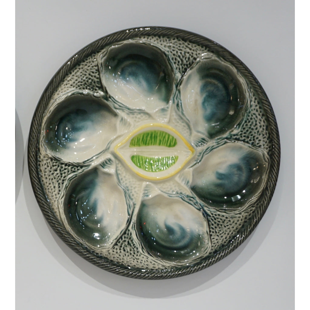 St Clement French Art Deco Majolica Set of 6 Oyster Plates and Serving Platter