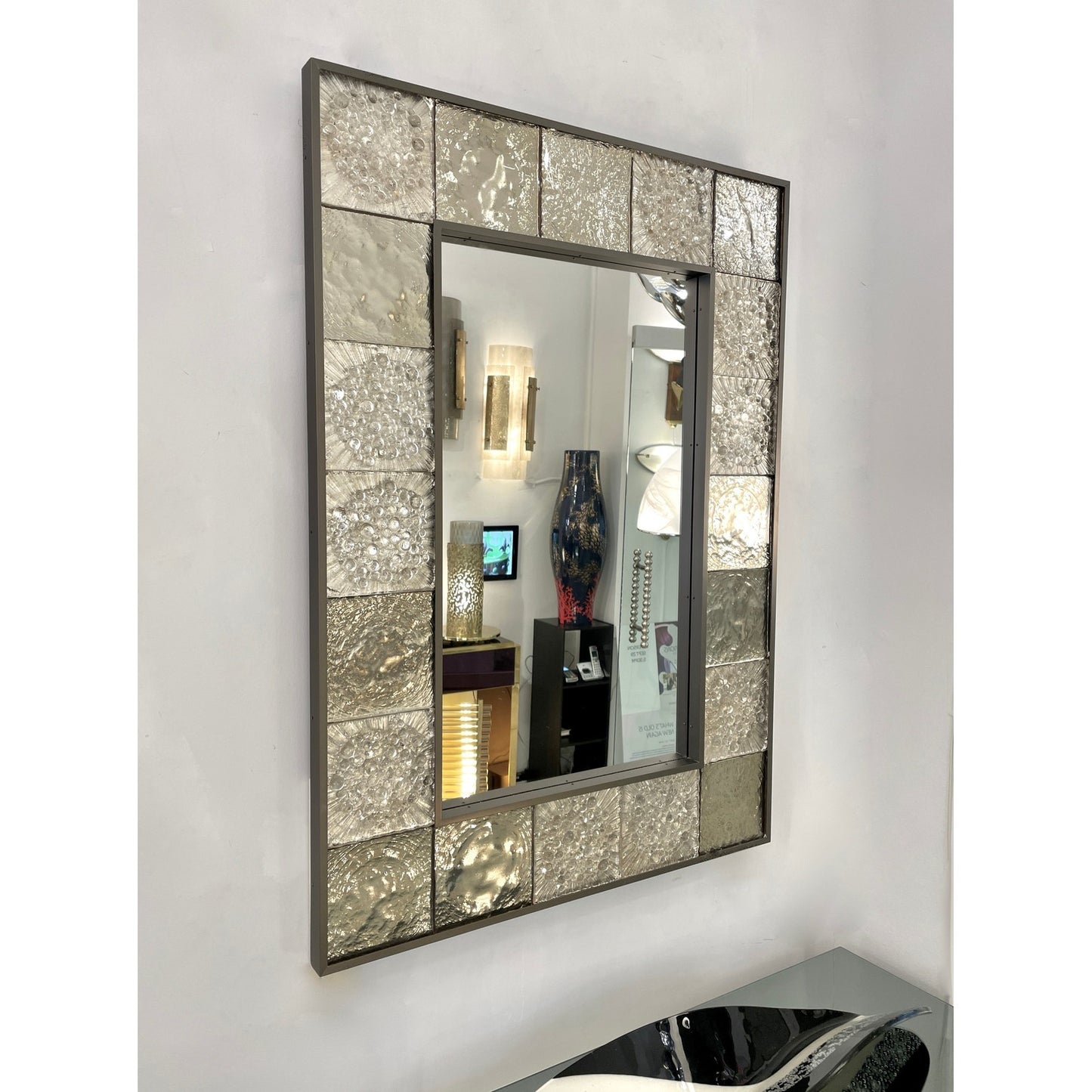 Customizable Italian Smoked Silver Murano Glass Geometric Gun Metal Tile Mirror