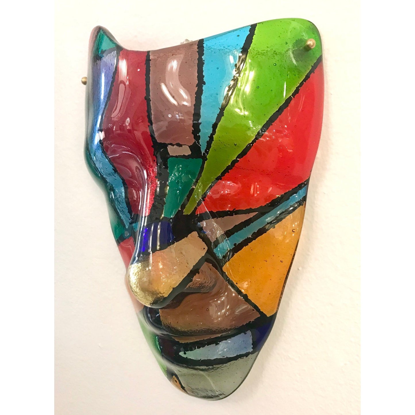 Bespoke Italian Mondrian Style Blue Green Red Black Murano Glass Mask Sculpture